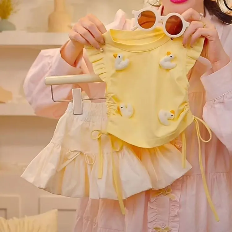 2025新款夏季可爱小鸭T恤裙女童时尚套装百搭洋气夏装