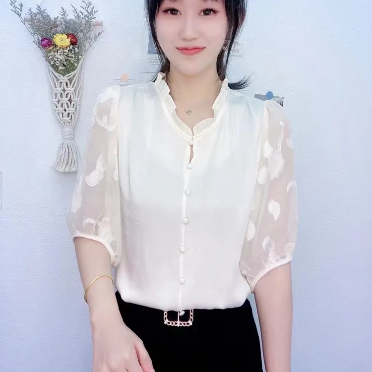木耳边提花小衫显瘦气质洋气时尚女士夏季减龄印花蕾丝休闲衬衫