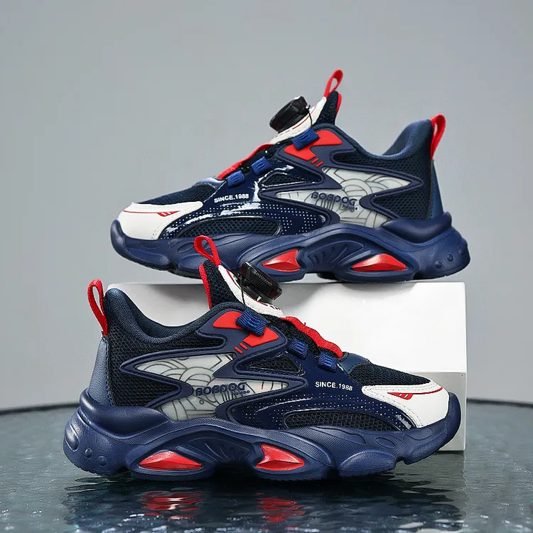 巴布豆网面拼搭儿童鞋子加旋转纽扣男童篮球鞋户外吸汗女童跑步鞋