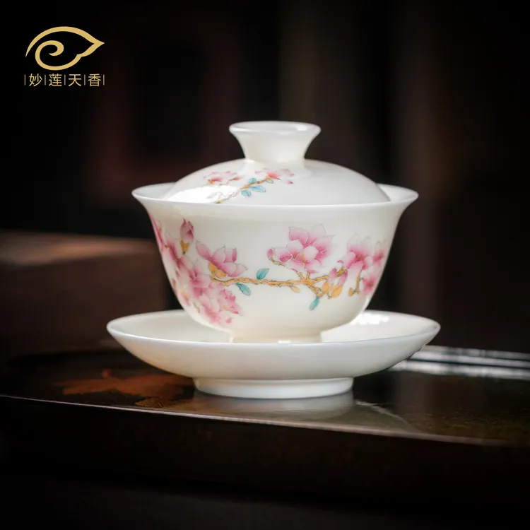 妙莲天香高端德化白瓷手绘玉兰花三才盖碗家用陶瓷茶具泡茶碗单个