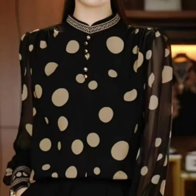 大波点上衣 新款优雅文艺夏季重工印花休闲上衣衬衫
