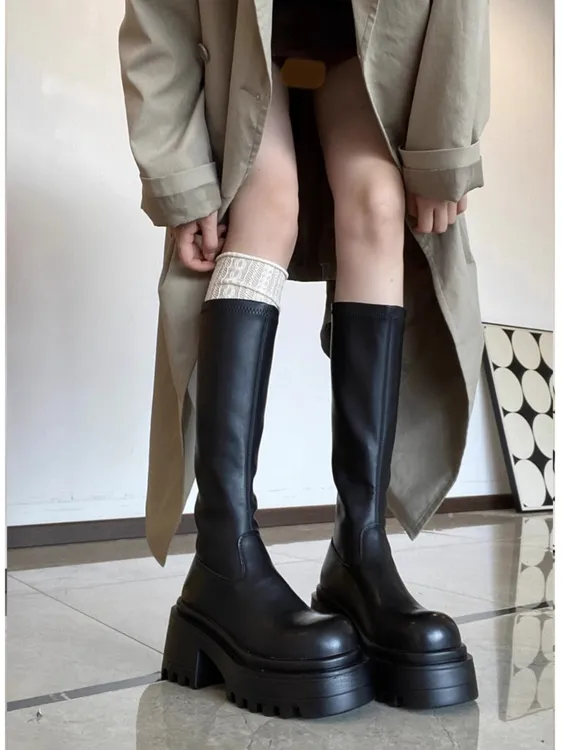 8cm增高！黑色长靴女厚底高筒靴时装靴2025新款秋冬季小个子靴子