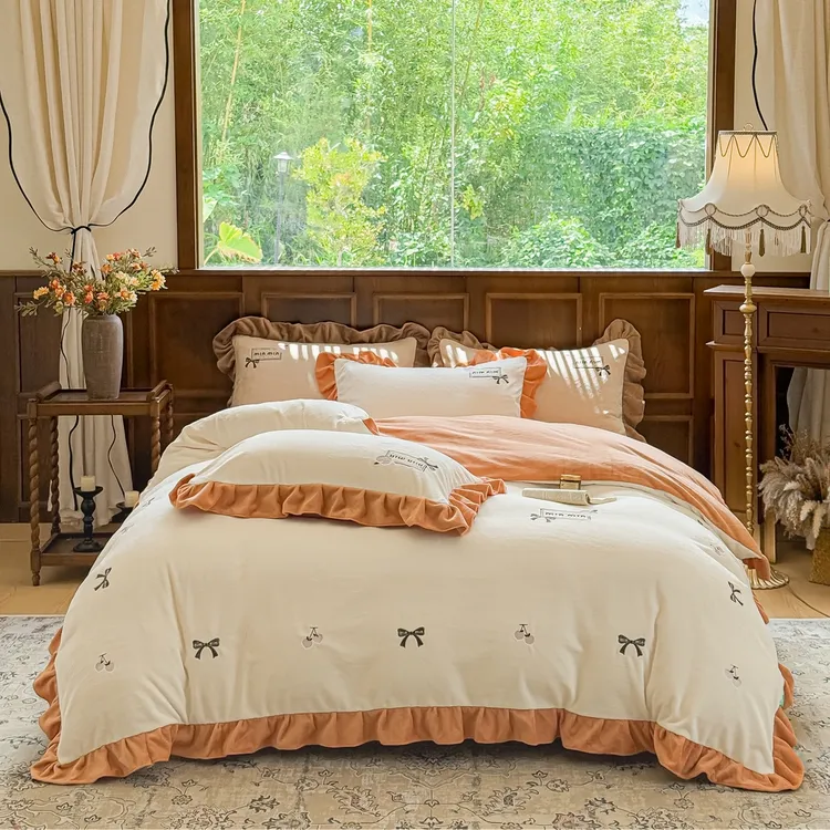 暖绒牛奶绒四件套韩版花边四件套刺秀加厚保暖抗寒抗静电轻奢亲肤