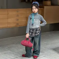 【安安家】女童韩版蕾丝花朵假两件上衣格子屁帘牛仔裤两件套R25454