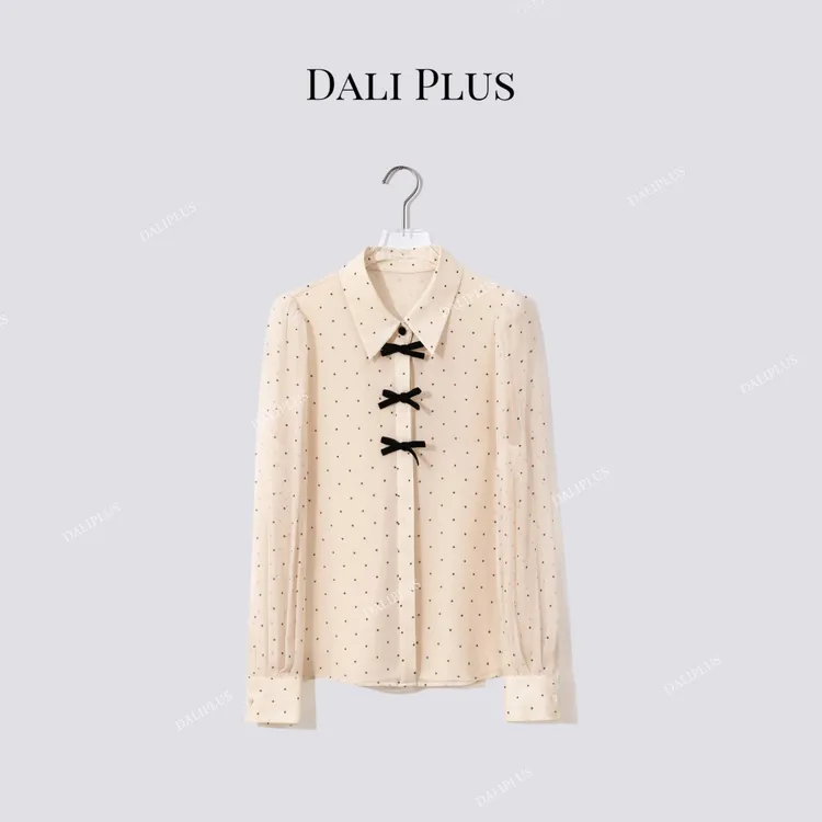 DALI PLUS“重磅100桑蚕丝波点衬衫”三个蝴蝶结长袖衬衫-D5LT2192