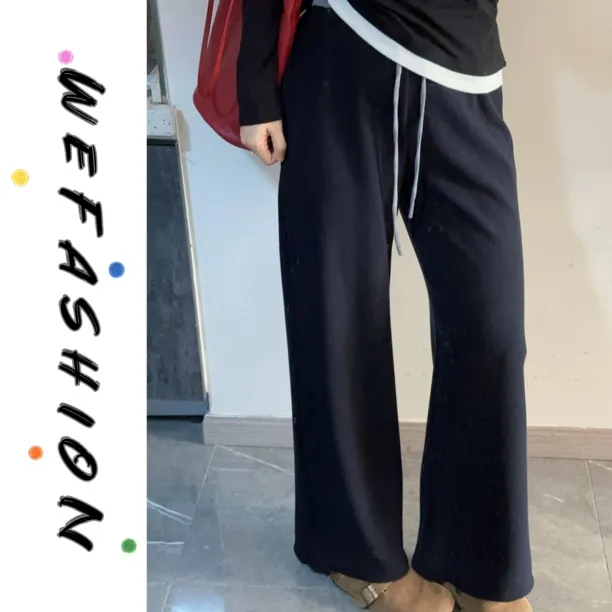 【WE】水蜜桃·拼色松紧腰系带垂感休闲百搭宽松阔腿裤