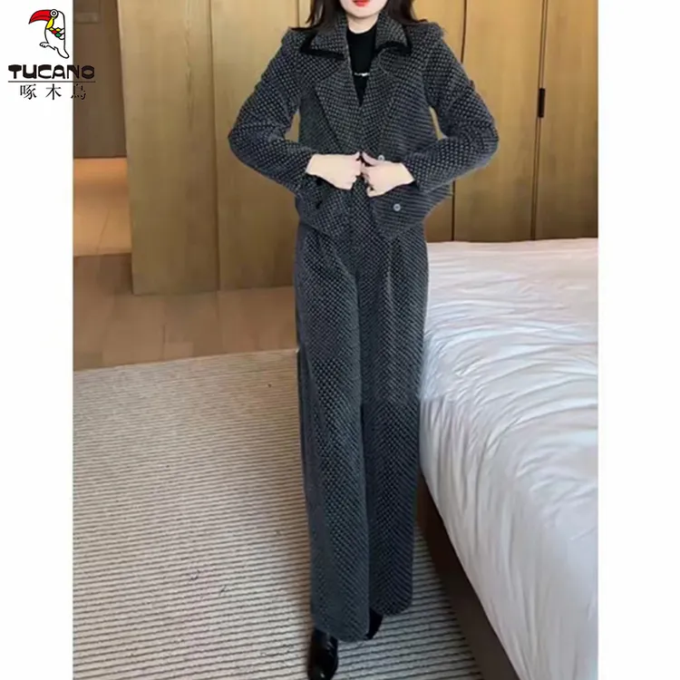 啄木鸟2025秋冬夹棉新款灰色千鸟格套装宽松显瘦洋气时尚两件套装