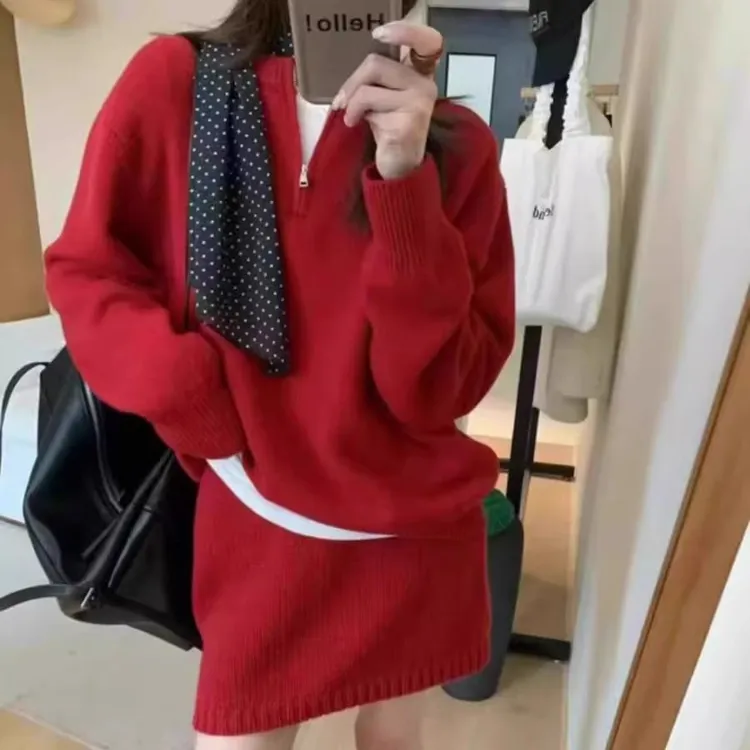 2025春装新款宽松针织两件套新年红半拉链套头毛衣搭半身裙套装女