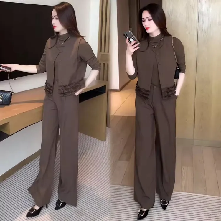 时尚套装女2025秋季新款时髦洋气长袖打底衫马甲阔腿裤气质三件套
