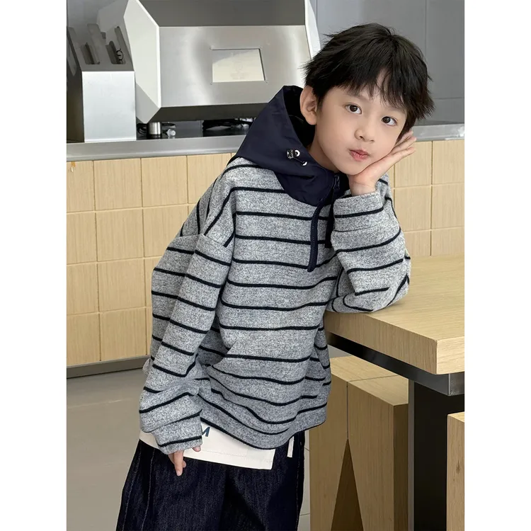 秋装儿童韩版时尚条纹休闲风洋气宽松百搭套头卫衣SJ6139-BQQ1