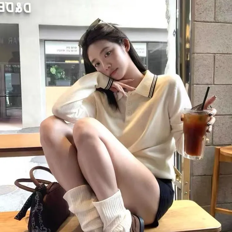 韩系学院风撞色翻领百搭长袖针织衫女2025秋季新款时尚洋气小上衣