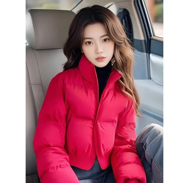 本命年玫红色短款棉服外套女小个子冬爆款立领棉袄面包服棉衣