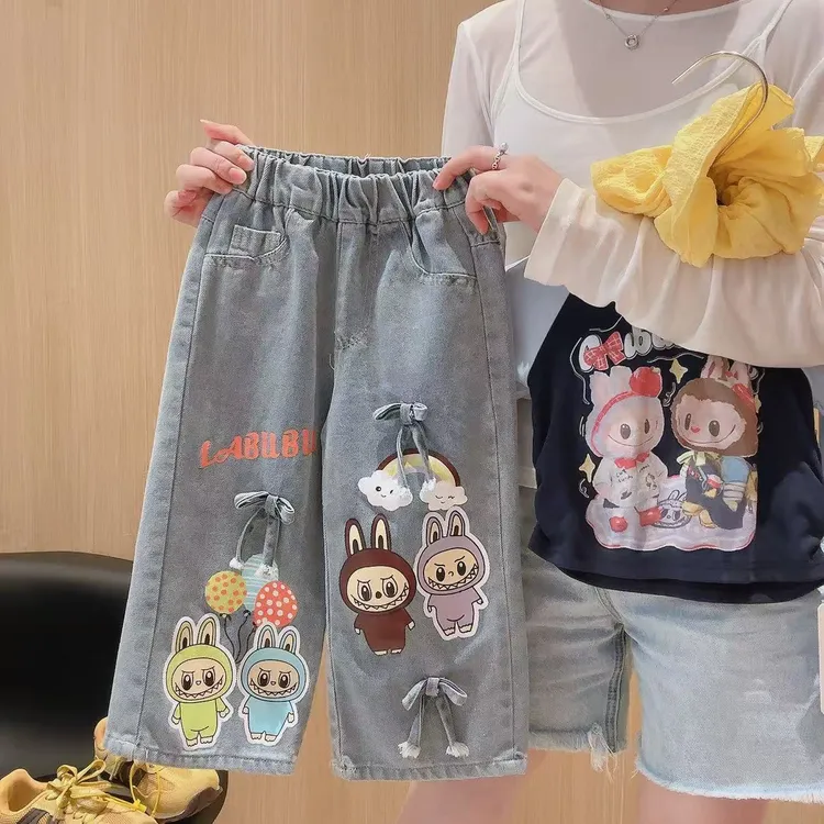新品女童蝴蝶结牛仔裤2025新款儿童洋气阔腿裤中小童长裤直筒裤