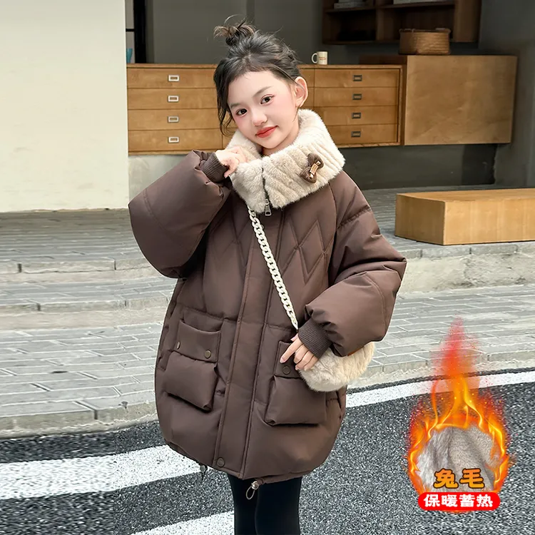 女童2025新款棉服中大童韩版宽松中长款韩系外套儿童洋气保暖棉衣