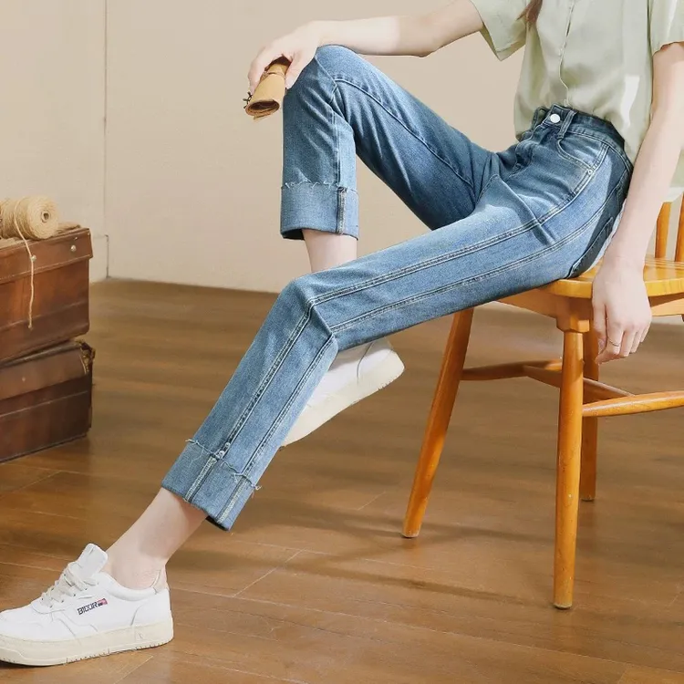 2025春夏薄款牛仔裤女高腰直筒翻边小个子直筒裤九分显瘦烟管裤子
