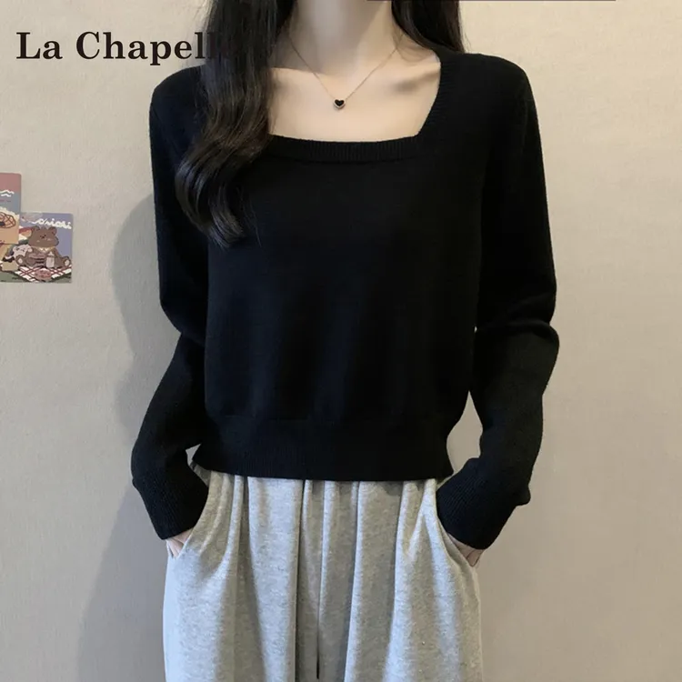 拉夏贝尔方领正肩显瘦长袖针织衫2025秋冬新款韩版纯色简约上衣女