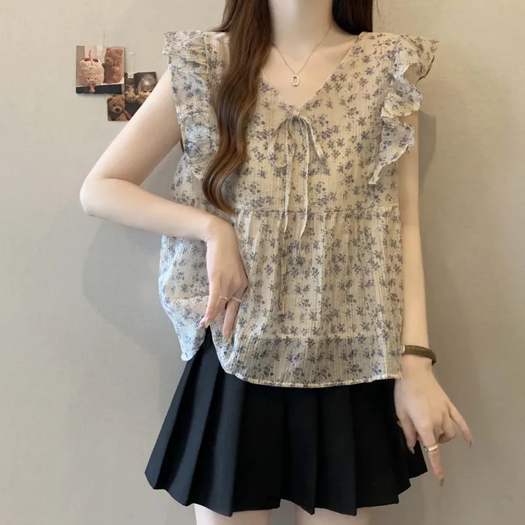大码微胖妹妹V领抽绳碎花飞飞袖短袖衬衫女夏季新款百搭透气上衣