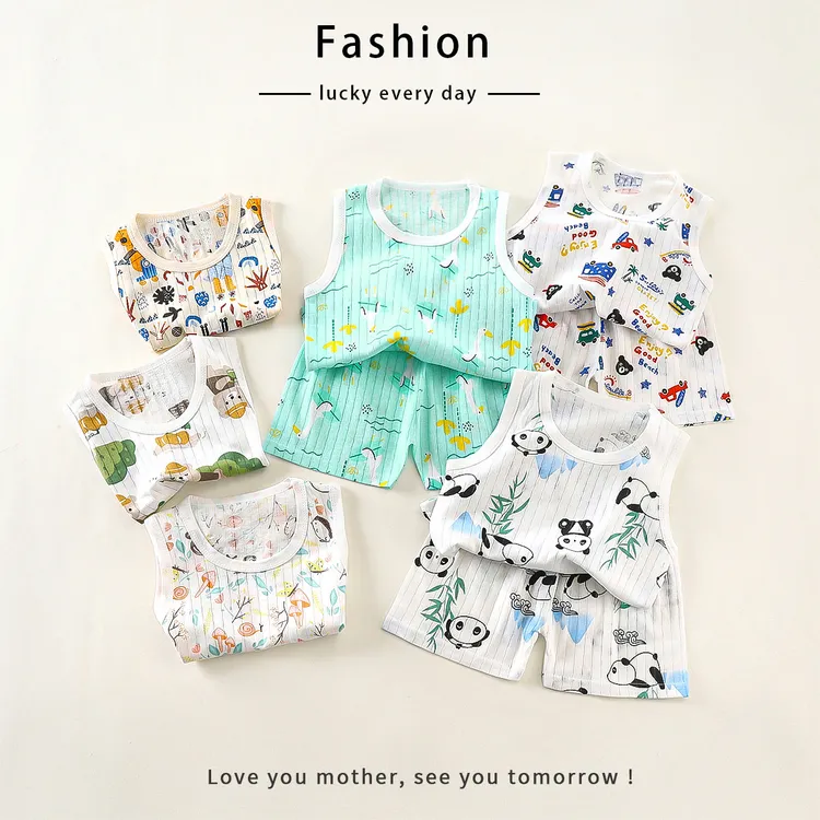 儿童夏季提花纯棉薄款背心短裤春天套装男女宝宝无袖卡通透气童装