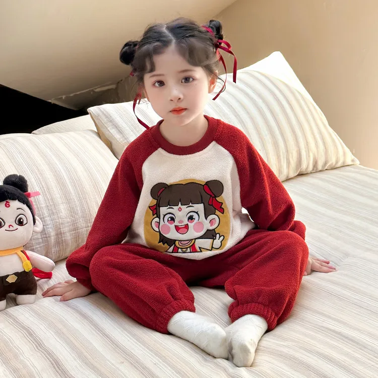 女童加绒睡衣秋冬季女孩宝宝洋气卡通哪吒套装儿童冬款加厚家居服