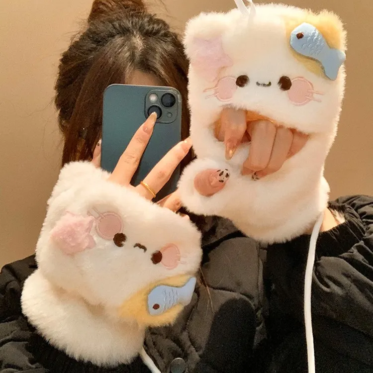 mikko联名可爱卡通猫咪毛绒手套女冬季翻盖半指触屏加厚骑行保暖