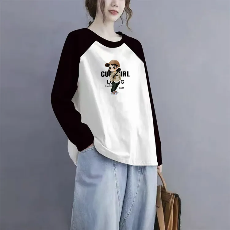 撞色插肩长袖t恤女春秋宽松显瘦内搭打底衫洋气减龄印花纯棉上衣