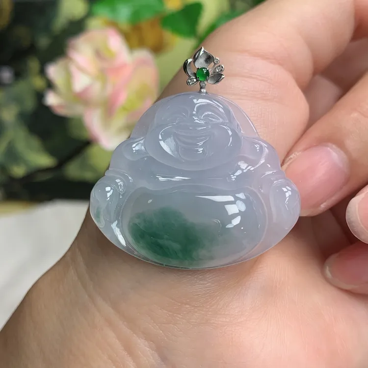 老坑老料缅甸天然翡翠A货18K金扣头冰种飘花佛公吊坠雕工精致生动