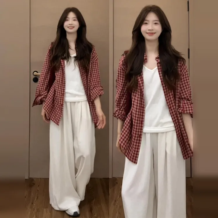红格子衬衫女慵懒风2025秋韩系宽松休闲上衣复古百搭防晒衬衣外套
