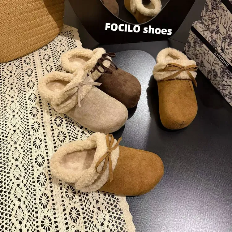 复古勃肯棉拖鞋女秋冬外穿2025新款加绒保暖蝴蝶结包头半拖毛毛鞋