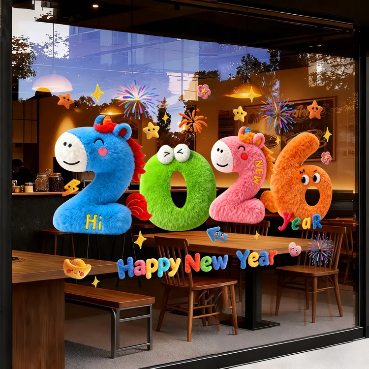 2026毛绒5D立体感新年快乐玻璃贴马年春节装饰用品静电贴