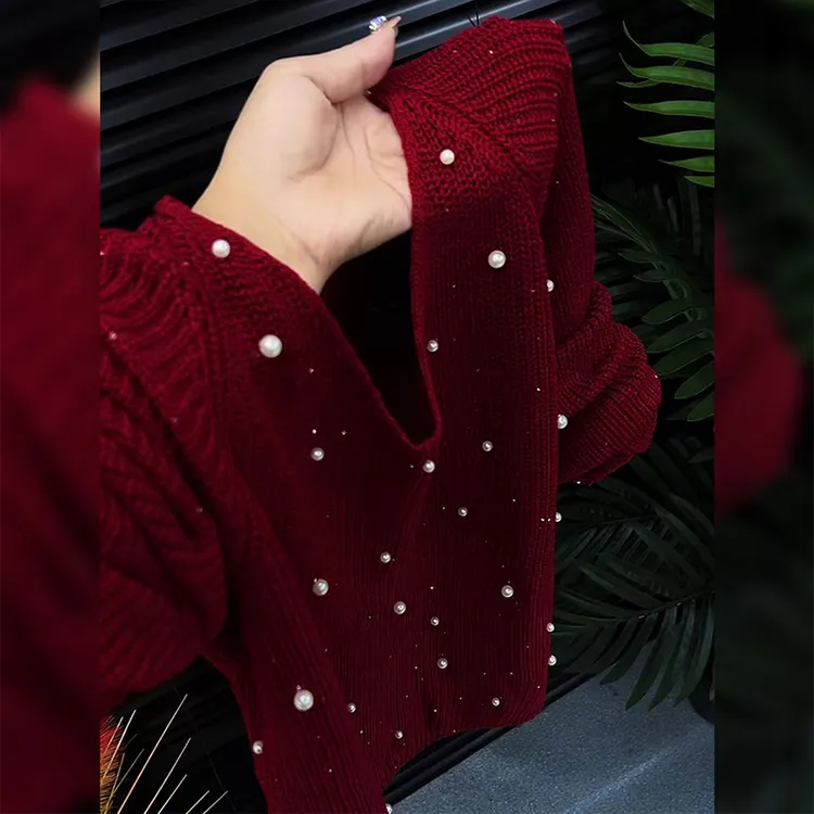 法式复古设计感钉珠长袖V领针织衫秋冬大码胖MM休闲时尚内搭毛衣