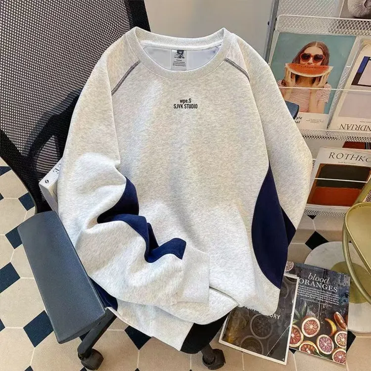 复古秋冬款加厚套头拼接圆领卫衣男女宽松爆款潮牌美式外穿上衣服