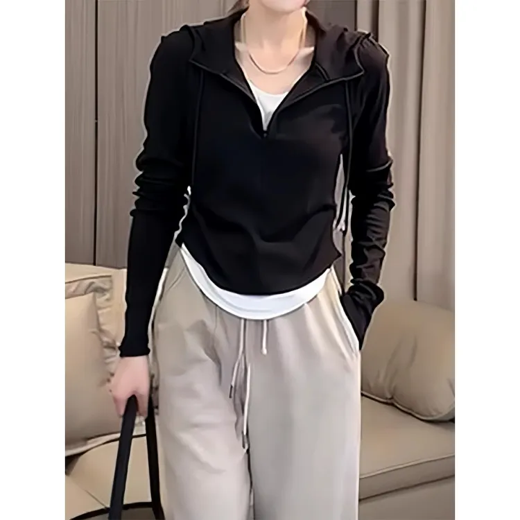 大码设计感假两件纯棉长袖连帽t恤女早秋胖mm收腰外穿显瘦小上衣