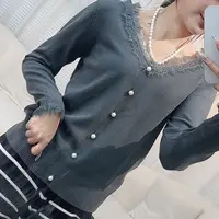 95%羊毛5%羊绒毛针织衫女百搭秋冬v领秋季纯色珍珠扣女士开衫时尚