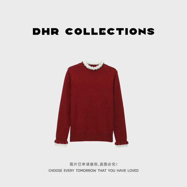 豆豆DA【锦上花时】花边拼接针织打底衫保暖百搭毛衣女-5878725DM