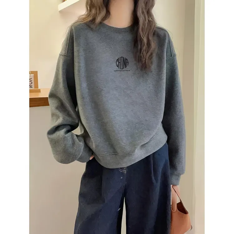 2025年秋冬新款慵懒休闲加绒加厚保暖字母印花卫衣女薄款上衣外套