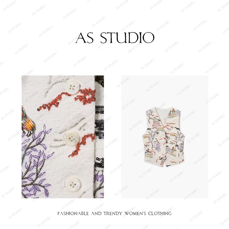 【AS亭台】25新复新中式奢华亮片手工刺绣印花牛仔马甲AC25CMJ3764