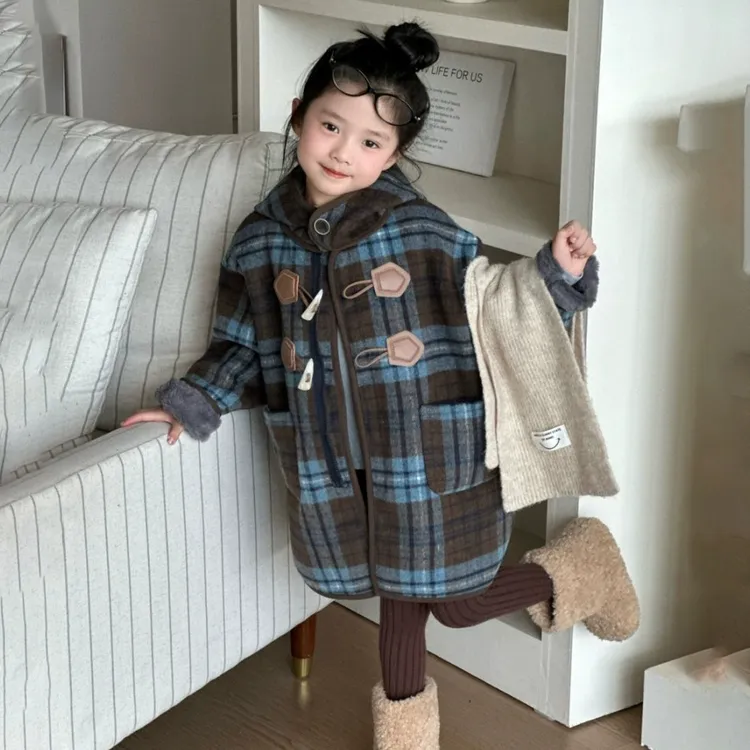 儿童2025秋冬款男女童韩版格子连帽一体绒大衣儿童休闲中长款童装