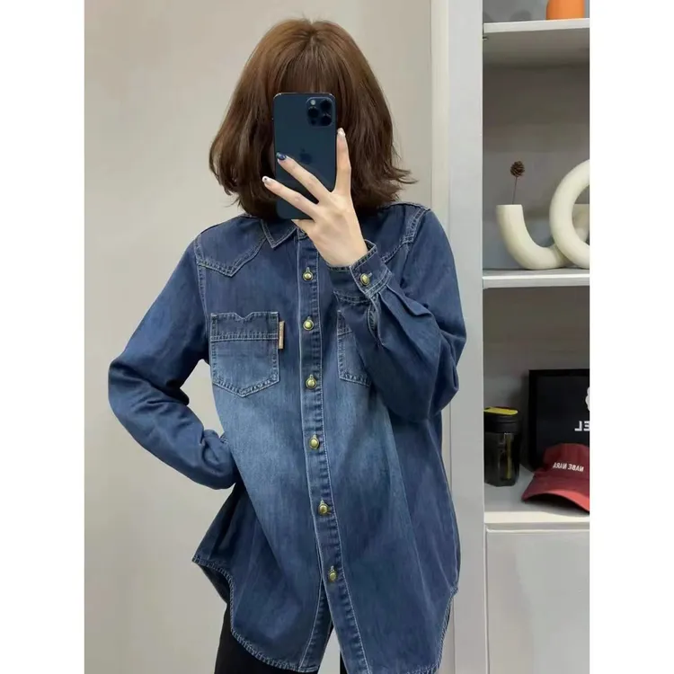 加绒牛仔衬衫女秋冬新款韩版设计感宽松蓝色百搭休闲打底叠穿衬衣