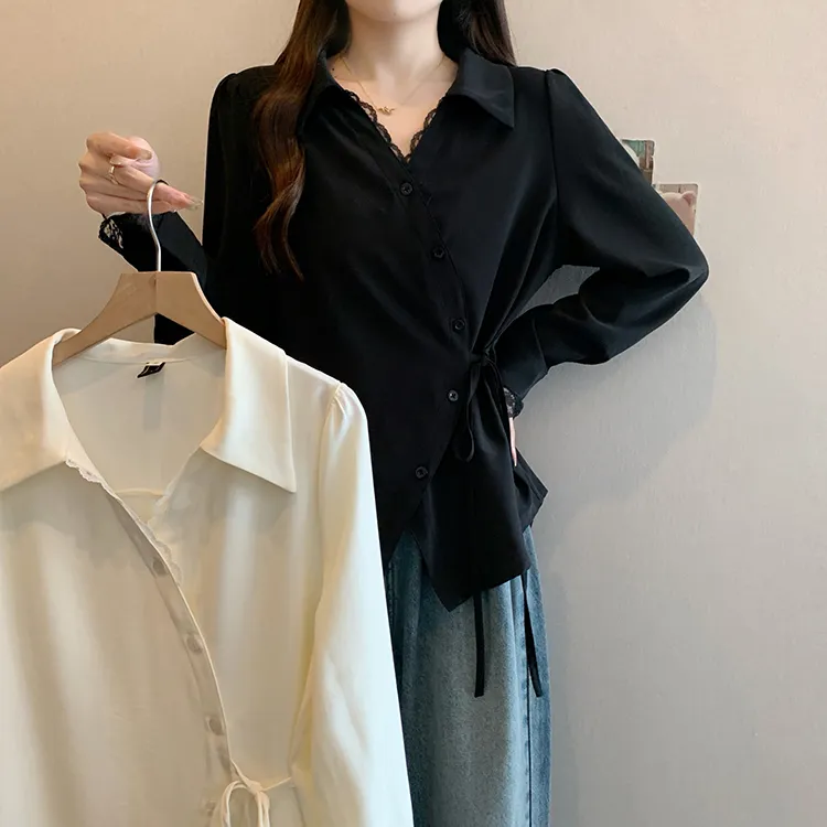 大码蕾丝花边设计感衬衫女秋季新款微胖妹妹显瘦遮肉百搭减龄上衣