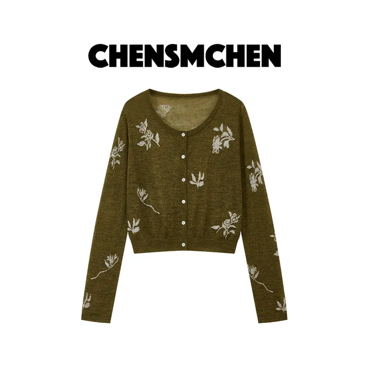 CHENSMCHEN 轻柔圆领长袖针织衫女休闲百搭显瘦开衫上衣CSZ7185QQ