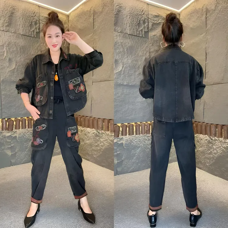 2025年秋季新款刺绣小翻领复古休闲洋气显瘦牛仔套装