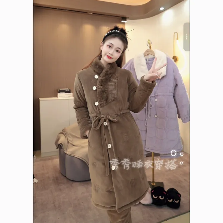 【秀秀家】冬季上新《暖棕》三层夹棉加绒加厚睡衣套装家居服