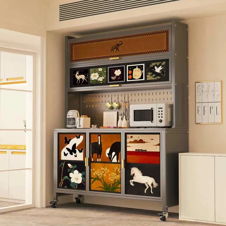 厨房置物架落地多层家用多功能储物柜一体靠墙防尘铁艺餐边柜橱柜