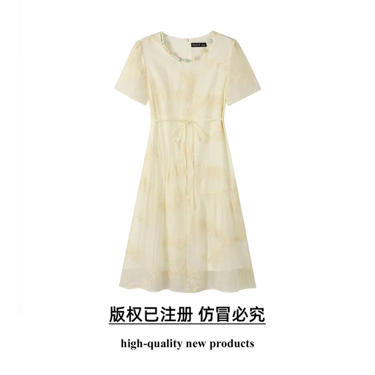 奢姿大码女装2025夏季减龄绣花连衣裙胖妹妹蝴蝶结绑带时尚裙子