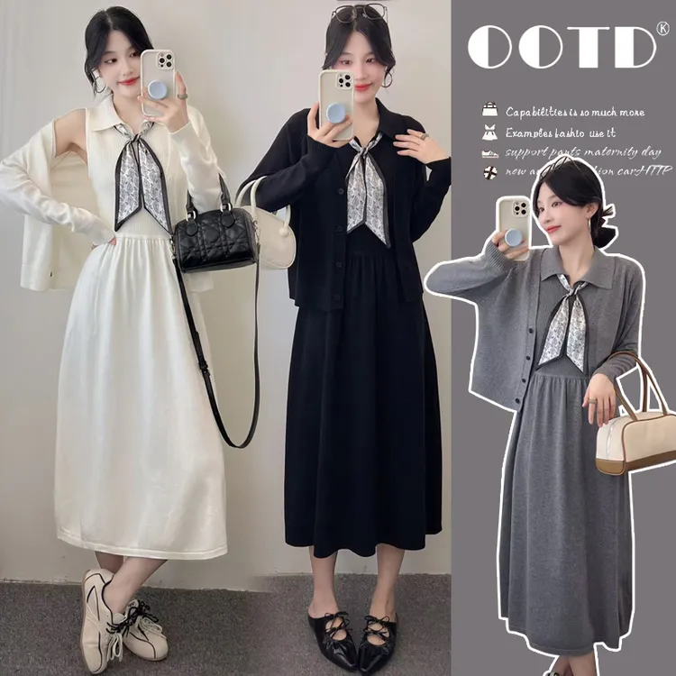 时髦孕妇装新款2025春秋新款法式气质高级感丝巾POIO领针织两件套