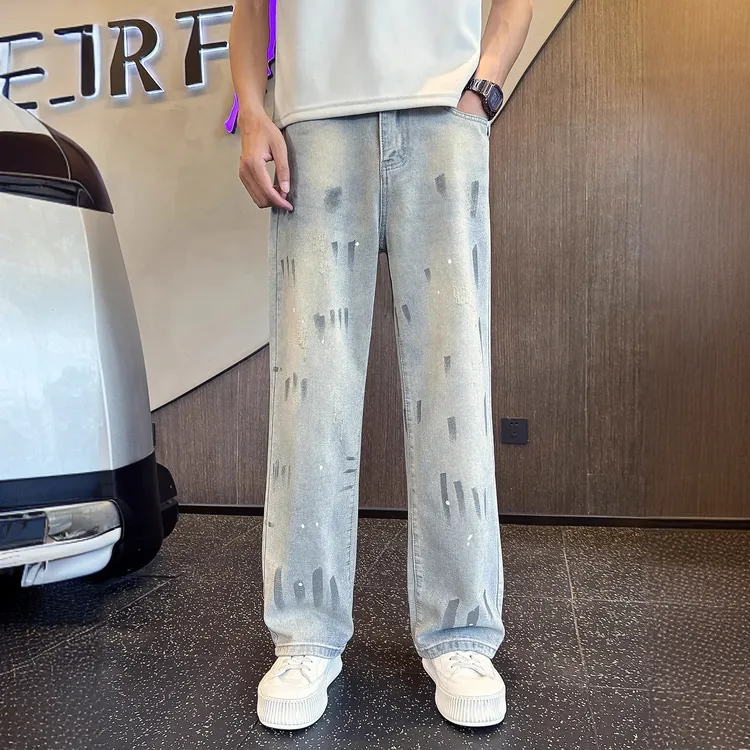 追属美式潮牌喷墨直筒牛仔裤男夏季宽松男裤新款裤子秋冬季休闲裤