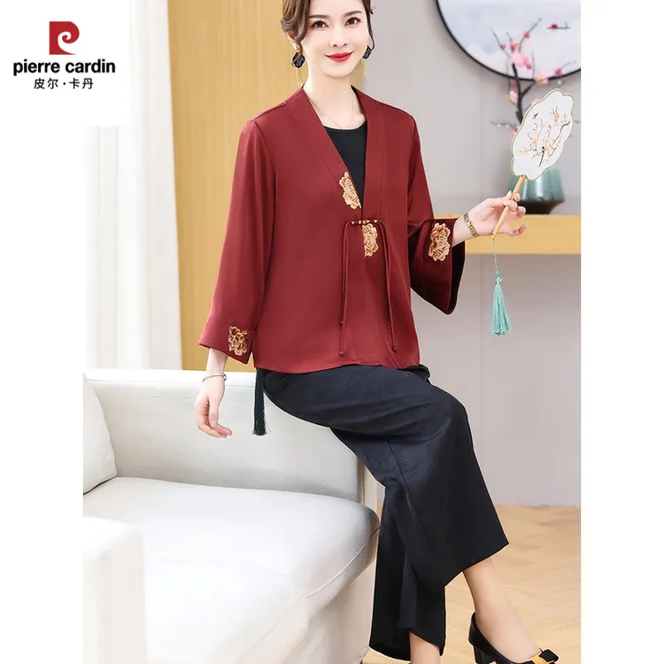 皮尔卡丹妈妈秋装套装新中式国风桑蚕丝小衫贵夫人中老年女春秋外