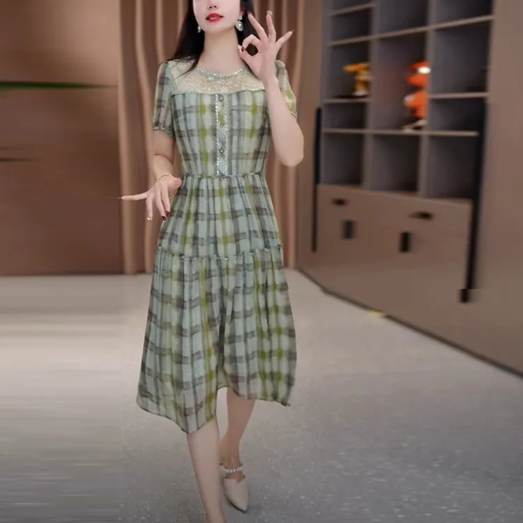 冰丽丝轻奢女装2025夏季新款时尚精致蕾丝优雅气质中长款连衣裙子