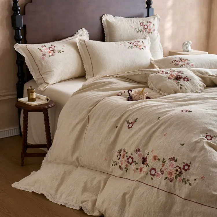 【宝拉家纺】中古风复古棉麻蕾丝边纯色法式超软四件套被套床上用品