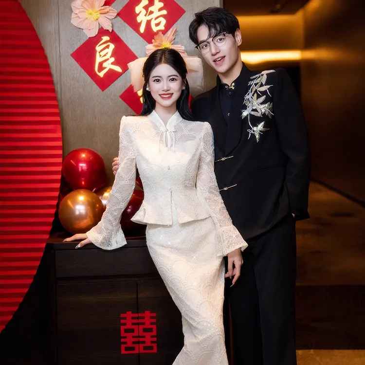 香槟色订婚旗袍敬酒服复古新款夏季新娘新中式结婚礼服连衣裙长袖